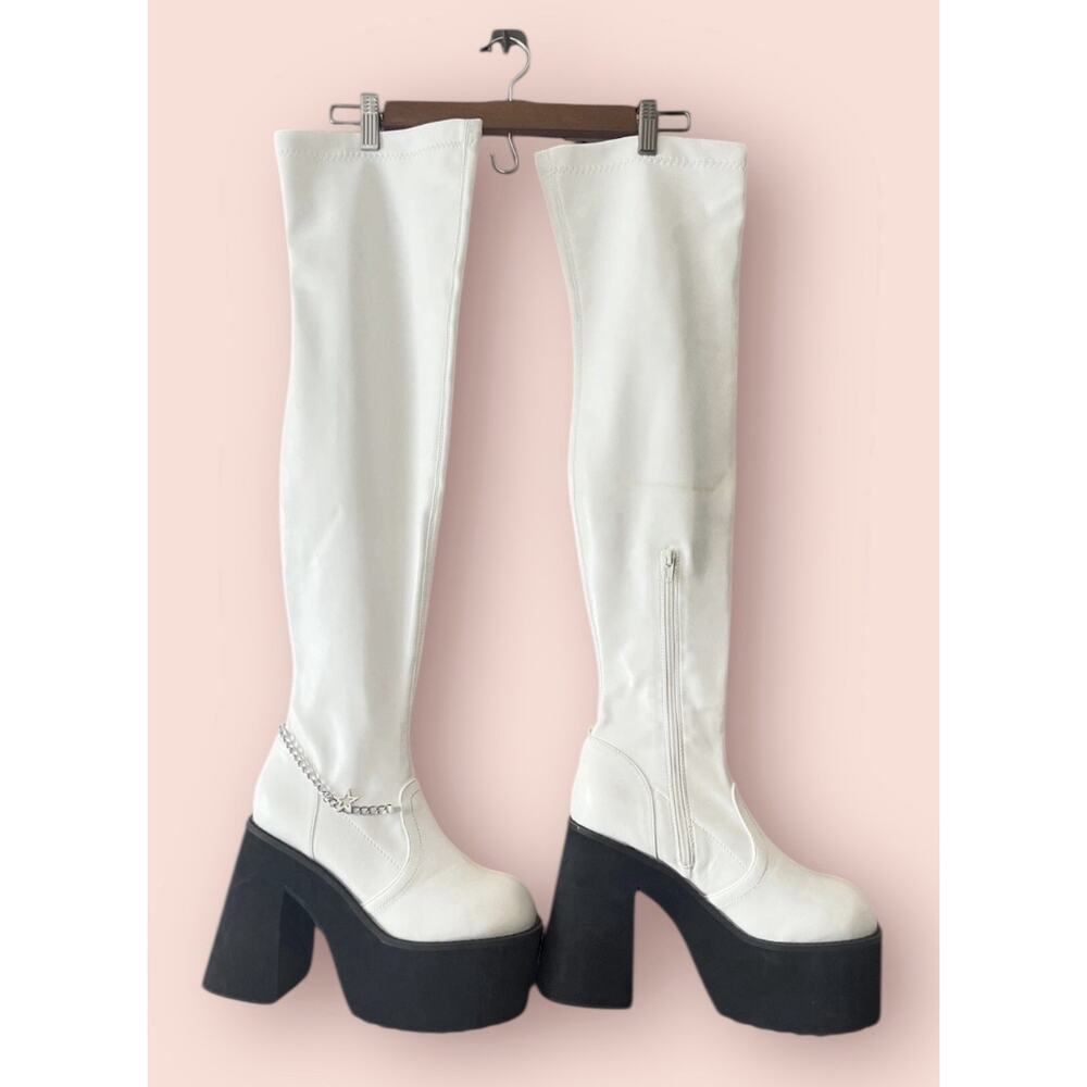 Dolls Kill BRATZ Thigh High Boots •8• Angel MISS SOCIALITE White Platform Go Go